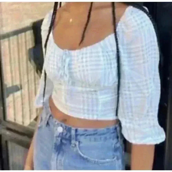 Urban Outfitters Blue Gingham Crop Top ruched square neck XS y2k Blouse Shirt - Picture 2 of 6
